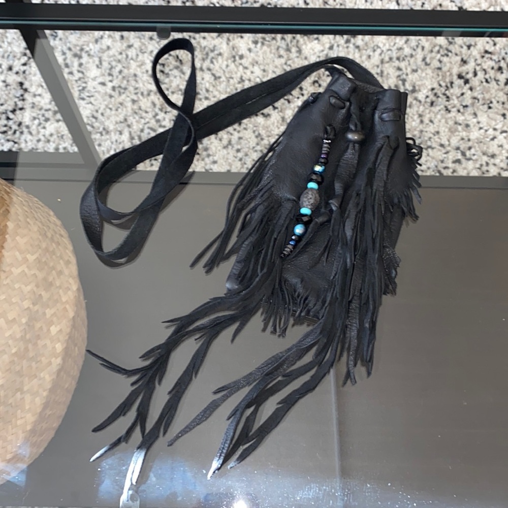Handmade fringed beaded boho leather festival mini bag pouch
